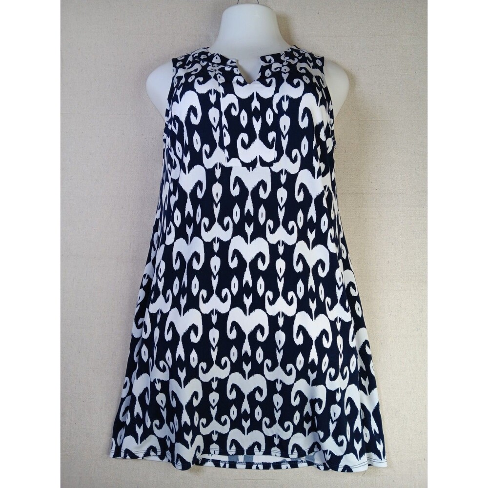 Peach Love California Split Neck Sleeveless Dress Medium Navy White Print EUC
